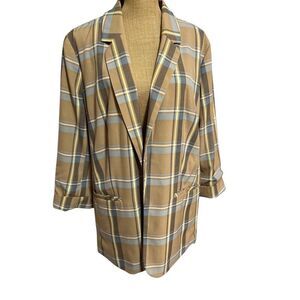 Cato Plaid Suit Blazer Jacket Size XL Open Tan Blue Business Office Casual